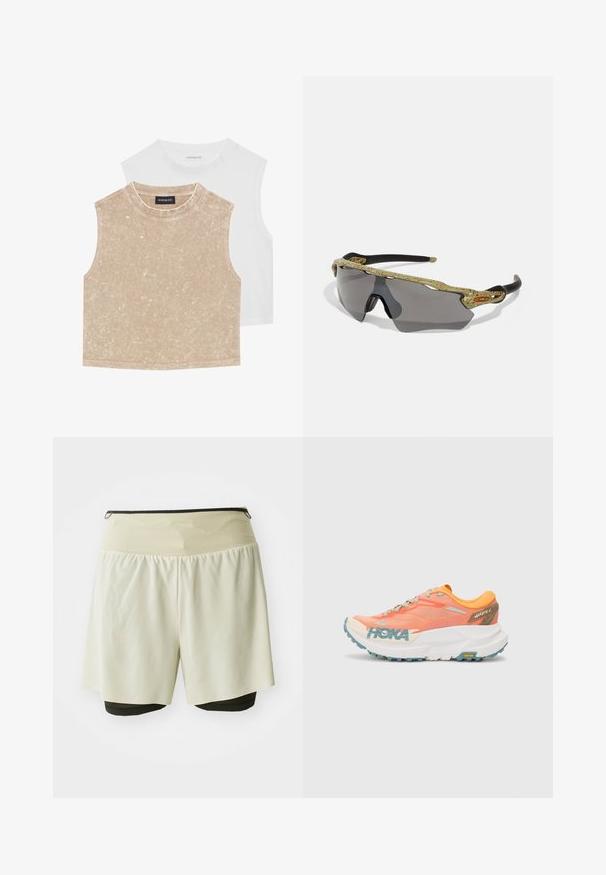 Dva bezrukávové crop topy: jeden mäkký béžový s textúrovaným povrchom a druhý hladký biely. Obe majú okrúhly výstrih a prešité okraje.; Svetlé béžové športové šortky s čiernou vnútornou podšívkou, disponujúce širokým elastickým pásom a voľnou vonkajšou vrstvou pre pohodlie.; Oranžovo-ružové bežecké topánky s hornou časťou z jemnej sieťoviny, bielou medzipodrážkou, Vibram podrážkou a svetlomodrými akcentmi. Na boku sa nachádza značka HOKA.; Športové slnečné okuliare so zeleným vzorovaným rámom, čiernymi stranami a šedými šošovkami. Dizajn obsahuje okrúhly štýl s odvážnym, športovým tvarom.
