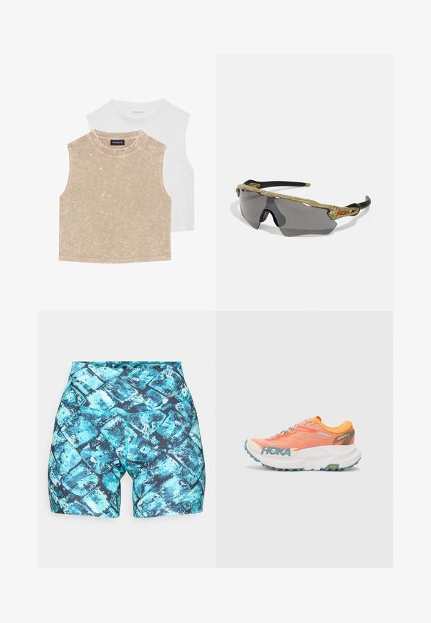 Divi bezpiecīgo izdilis topi: viens mīksts bēšīgs ar tekstūru un otrs gluds balts. Abiem ir apaļa kakla izgriezums un šuvju apdare.; Krāsaini kompresijas šorti, izgatavoti no elastīga auduma, ar zilu un zilgani zaļu abstraktu rakstu, melnām akcentu detaļām un augsto jostas dizainu.; Oranžs un rozā skriešanas apava ar sietu augšdaļu, baltu starpzoli, Vibram zoli un gaiši ziliem akcentiem. Sānos ir HOKA zīmols.; Sporta saulesbrilles ar zaļu rakstainu rāmi, melnām kājām un pelēkiem stikliem. Dizains ietver apņemšanas stilu ar izteiksmīgu, sportisku formu.