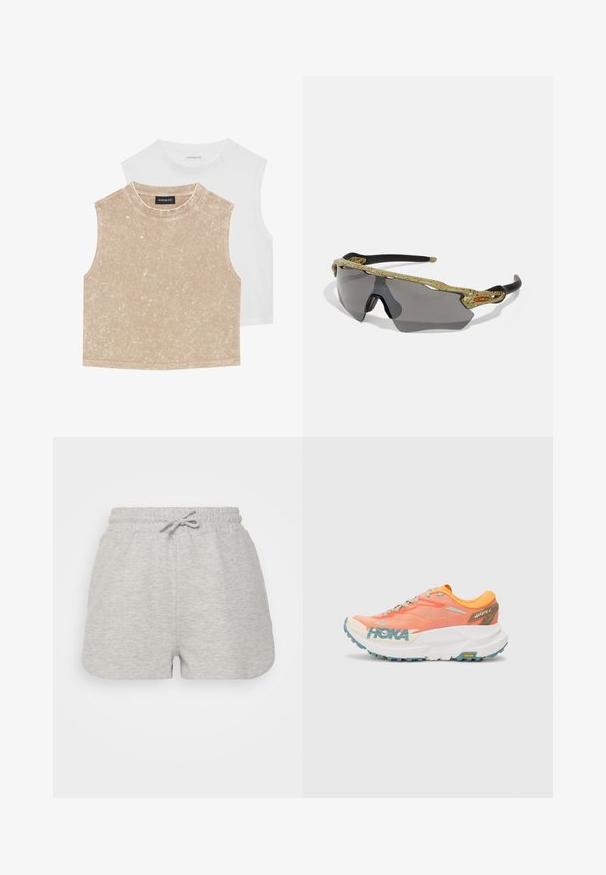 Zwei ärmellose Croptops: eines in sanftem Beige mit einer strukturierten Oberfläche und eines in glattem Weiß. Beide verfügen über einen runden Halsausschnitt und gestickte Säume.; Even&Odd Shorts - mottled light grey; Oranges und pinkes Laufband mit Obermaterial aus Mesh, weißer Zwischensohle, Vibram-Laufsohle und hellblauen Akzenten. Verfügt über HOKA-Branding an der Seite.; Sportsonnenbrille mit einem grünen gemusterten Rahmen, schwarzen Bügeln und grauen Gläsern. Das Design verfügt über eine Wraparound-Form mit einer auffälligen, sportlichen Silhouette.