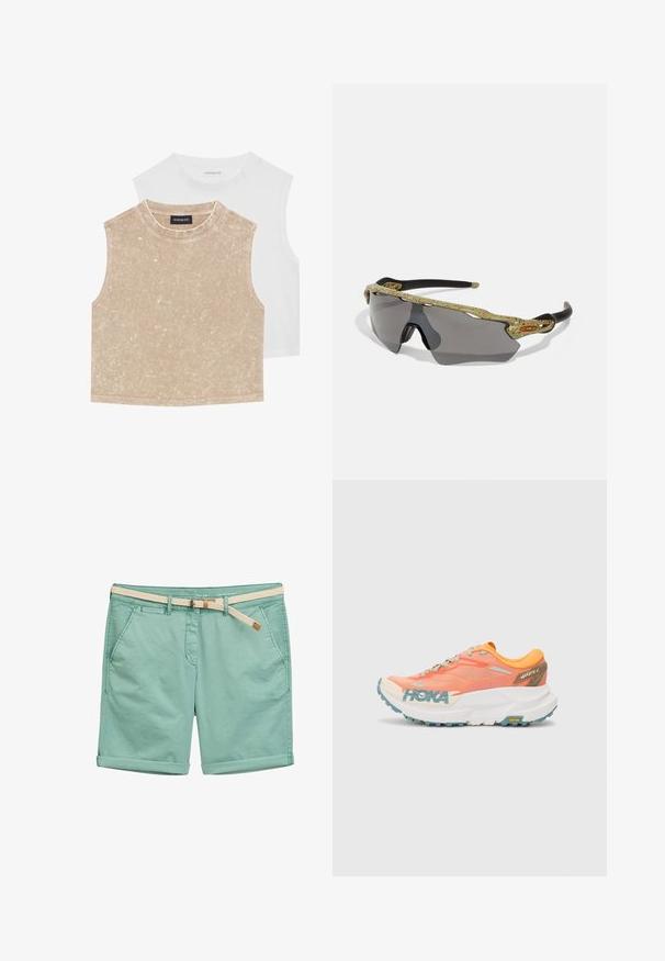 Dos tops cortos sin mangas: uno de un suave beige con una superficie texturada y otro blanco liso. Ambos presentan un escote redondo y dobladillos cosidos.; Shorts de algodón verde claro con dobladillo enrollado y dos bolsillos laterales. Presenta un cinturón trenzado de color crema con un pequeño acento marrón.; Zapatilla de correr en naranja y rosa con parte superior de malla, entresuela blanca, suela Vibram y detalles en azul claro. Presenta la marca HOKA en el lateral.; Gafas de sol deportivas con un marco de patrón verde, brazos negros y lentes grises. El diseño cuenta con un estilo envolvente con una forma atrevida y deportiva.