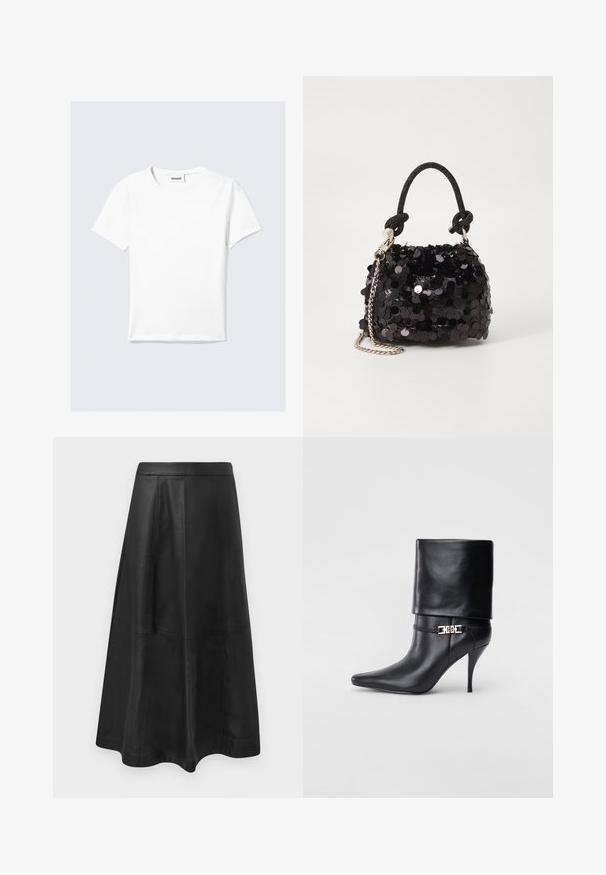 Hvit kortermet t-skjorte laget av bomull, med rund hals og rett kant. Minimalistisk design uten synlige mønstre eller detaljer.; Svart skinn midiskjørt med en u-formet silhuett, med sømdetaljer og en glatt tekstur. Ingen synlig maskinvare eller aksenter.; Sorte lærstøvlett med spiss tå, høy stiletthel, omslagskant og en dekorativ gullspenne rundt ankelen.; Svart paljettmini-veske med en knyttet teksturert stropp og sølvkjede. Rund form med samlet topp og reflekterende detaljer.