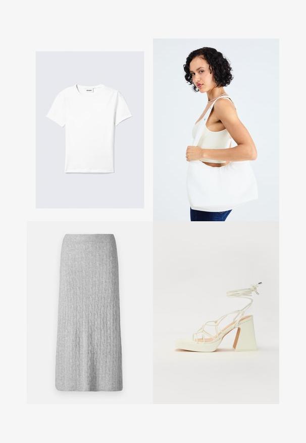 Valge puuvillane lühikeste varrukatega T-särk, millel on ümar kaelus ja sirge äärepael. Minimalistlik disain ilma nähtavate mustrite või aktsentideta.; Hallsinine kootud seelik, ribakujulise tekstuuri ja sirge silueti ning keskmise sääreni ulatuva pikkusega. Ilma nähtavate kinnituste või mustriteta.; Valged kõrge kontsaga sandaalid, millel on paks konts ja rihmadega disain koos pahkluu sidumisega. Sile tekstuur ja platvorm ees, et lisada kõrgust.; Valge õlakott, mis on valmistatud siledast materjalist, ümmarguse lõikega ja laia rihmaga. Lihtne ja modernne, ilma nähtava riistvara või detailideta.
