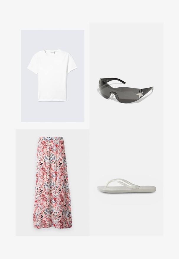 T-shirt blanc à manches courtes en coton, avec un col rond et un ourlet droit. Design minimaliste sans motifs ni accents visibles.; Jupe maxi florale, taille élastique, présentant un motif paisley multicolore avec des accents rouges, bleus et noirs sur un fond clair.; Tong en plastique blanche avec une semelle texturée, dotée de fines brides et d'un design plat. Fabriquée en caoutchouc avec un logo discret sur le coussin de pied.; Lunettes de soleil noires avec un design enveloppant, verres teintés foncés, accents brillants en forme d'étoile et plaquettes de nez ajustables.
