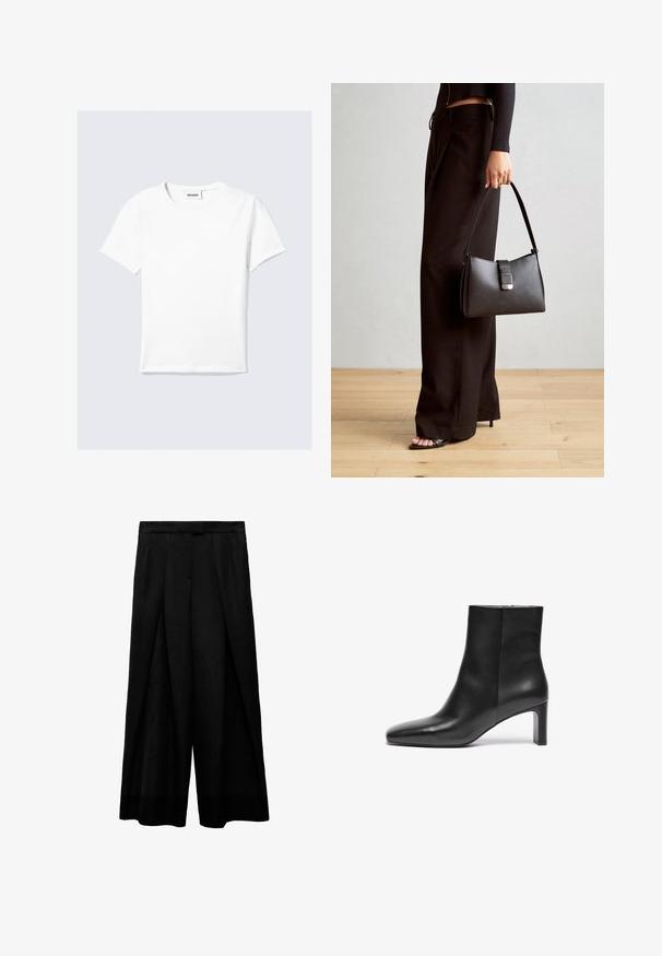 Bílé tričko s krátkým rukávem vyrobené z bavlny, s kulatým výstřihem a rovným lemem. Minimalistický design bez viditelných vzorů nebo zdobení.; Černé kalhoty s širokými nohavicemi a vysokým pasem, s předními záhyby, hladkou texturou a přiléhavým pasem. Žádné viditelné kapsy.; Černá kožená kotníková bota s špičatou špičkou, zúženým podpatkem a hladkou texturou; po boku se nachází zip.; Černá kabelka se strukturovaným tvarem, hladkým povrchem a kovovým uzávěrem. Kombinována s širokými černými kalhotami a sandály s otevřenou špičkou na dřevěné podlaze.