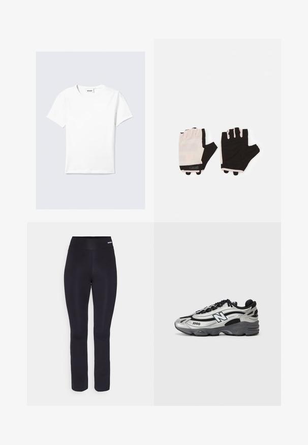 Camiseta blanca de manga corta hecha de algodón, con cuello redondo y dobladillo recto. Diseño minimalista sin patrones ni detalles visibles.; Pantalones deportivos negros con una textura suave, una cinturilla elástica ancha y un diseño ajustado, que se estrecha ligeramente hacia el tobillo.; Zapatillas deportivas plateadas y negras con parte superior de malla, suela acolchada, diseño de cordones y detalle de marca en el costado.; Guantes de fitness con un diseño en rosa claro y negro, fabricados con material transpirable, que cuentan con una correa ajustable para la muñeca y acentos de agarre texturizados.