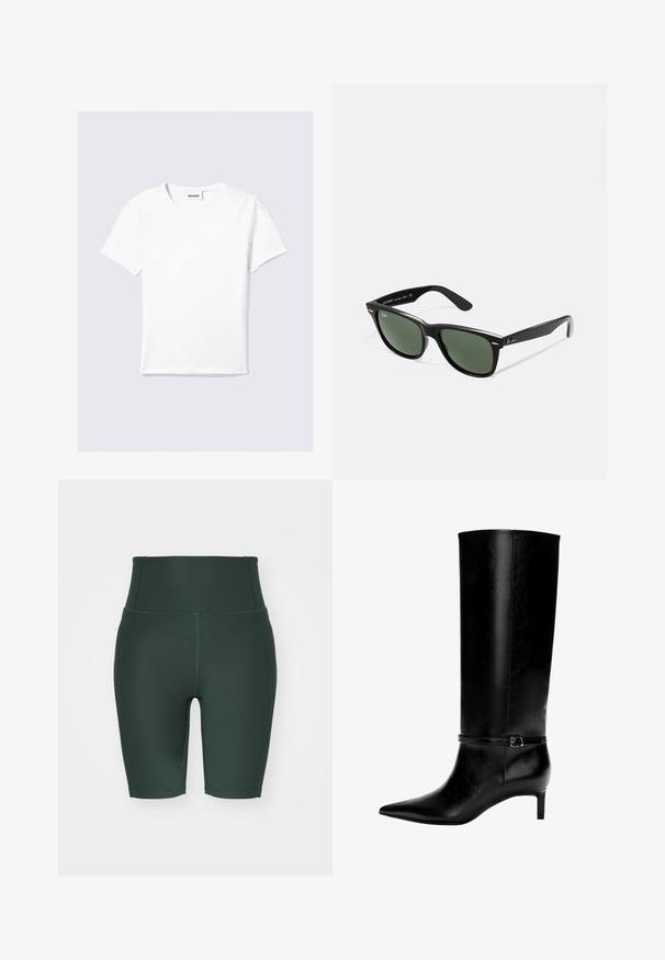 T-shirt bianca a maniche corte in cotone, con scollo rotondo e orlo dritto. Design minimalista senza motivi o accenti visibili.; Pantaloni da bicicletta a vita alta di colore verde scuro, realizzati in tessuto elastico. Caratterizzati da una superficie liscia, cuciture piatte e un design aderente.; Stivale in pelle nera alto fino al ginocchio con punta appuntita e tacco basso. Presenta una cinghia sottile con una fibbia metallica attorno alla caviglia. Texture liscia.; Occhiali da sole in plastica nera con lenti verdi, montatura quadrata, dettaglio argento sulla parte superiore e steli con texture. Marchio indicato sulla parte interna dello stelo.