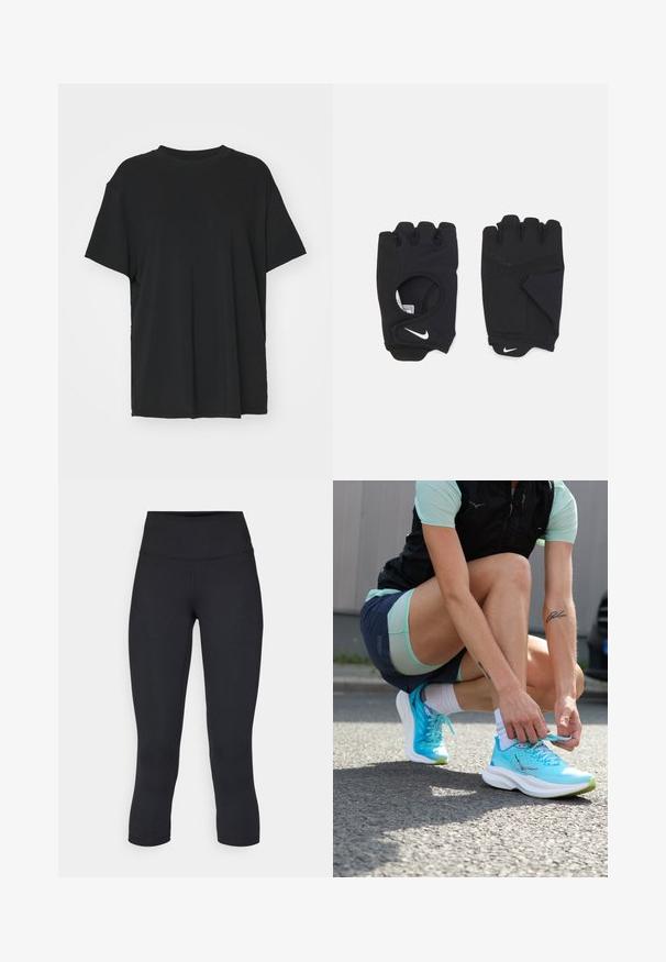 T-shirt nera a maniche corte realizzata in un tessuto morbido, con collo rotondo e vestibilità ampia. Presenta delle fessure laterali per un comfort e una traspirabilità aggiuntivi.; Leggings cropped neri realizzati in tessuto elasticizzato, con vita alta e texture liscia, senza motivi o componenti visibili.; Scarpe da corsa leggere di colore turchese con tomaia in rete texturizzata, suole bianche e dettagli verdi, allacciate da una persona su un marciapiede.; Guanti neri senza dita realizzati in materiale elastico, con un design per il palmo aperto, dettagli antiscivolo e il logo Nike in bianco.