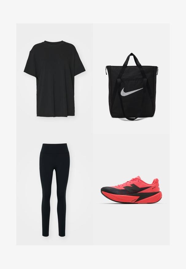 Juodas trumpas rankovėmis marškinėliai, pagaminti iš lygaus audinio, su apvaliu iškirpimu ir laisvu siluetu. Įrengti šoninių skeltukų patogumui ir oro pralaidumui.; Juodos tamprės, pagamintos iš elastingos medžiagos, su aukštu liemeniu. Lygus paviršius, prigludusi forma ir jokių matomų papuošimų ar raštų.; Bėgimo bateliai su ryškiu rožiniu viršumi ir juodais akcentais. Pasižymi tekstūruotu dizainu, lengvu padu ir FUELCELL ženklinimu šone.; Juodas nailoninis maišas su dviem tvirtais rankenėlėmis ir užtrauktuku. Pasižymi ryškiu baltu Nike swoosh logo, esamu horizontaliai juostelėse.