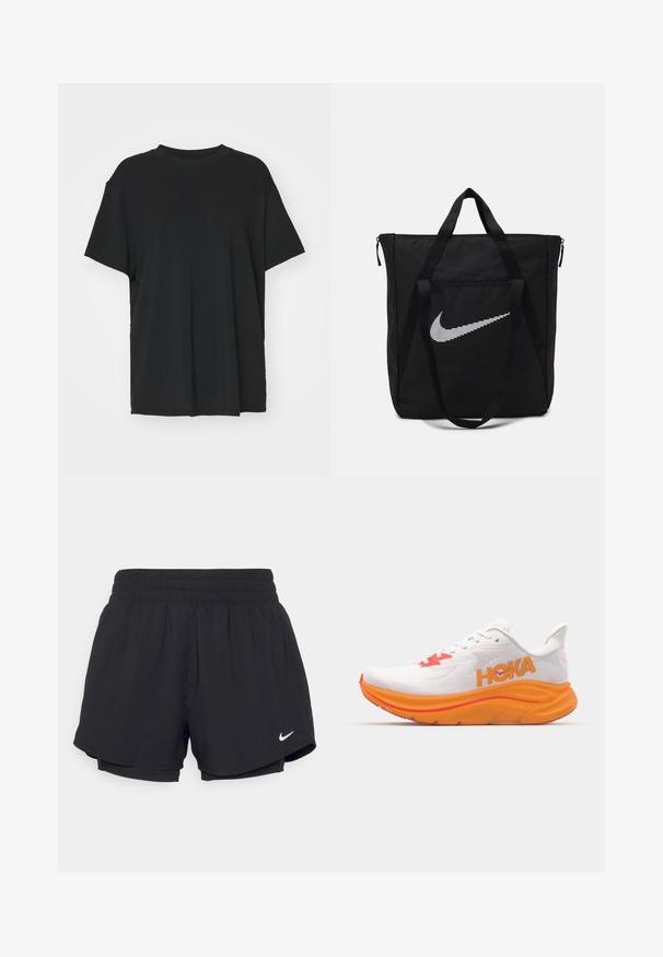 T-shirt noir à manches courtes en tissu lisse, avec un col ras du cou et une coupe décontractée. Présente des fentes sur les côtés pour plus de confort et de respirabilité.; Shorts de sport noirs avec un waistband élastique froncé, doublure intérieure et logo Nike blanc sur le bas à gauche. Tissu lisse et léger.; Chaussure de course blanche avec un rembourrage orange et des accents rouges. Dispose d'une tige en maille, d'un logo sur le côté et d'une semelle épaisse et texturée.; Sac en nylon noir avec deux poignées robustes et fermeture éclair. Présente un logo Swoosh blanc Nike en design rayé horizontal.
