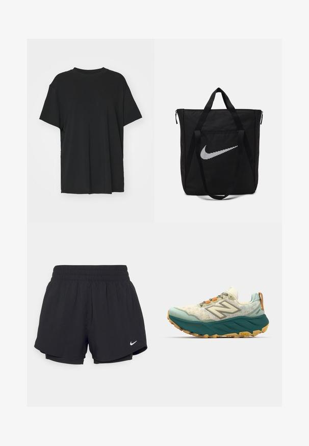 Schwarzes T-Shirt mit kurzen Ärmeln aus glattem Stoff, mit Rundhalsausschnitt und lockerer Passform. Verfügt über seitliche Schlitze für zusätzlichen Komfort und Atmungsaktivität.; Schwarze Sportshorts mit einem gerafften elastischen Bund, Innenfutter und weißem Nike-Logo auf der unteren linken Seite. Glatter, leichter Stoff.; Herren-Laufschuh mit einem leichten Mesh-Obermaterial in Creme und Teal, einer gepolsterten türkisfarbenen Sohle und orangen Schnürsenkeln mit reflektierenden Details.; Schwarze Nylon-Tragetasche mit zwei stabilen Griffen und Reißverschluss. Enthält ein auffälliges weißes Nike-Swoosh-Logo in einem horizontalen Streifendesign.