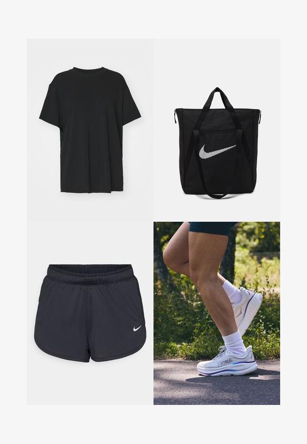 Zwarte korte mouwen t-shirt van soepel stof, met een ronde hals en een losse pasvorm. Heeft zij-splitten voor extra comfort en ademend vermogen.; Zwarte sportieve shorts van lichtgewicht, ademend materiaal. Voorzien van een elastische tailleband en een wit Nike-logo aan de rechteronderzijde.; Witte sportschoen met een dikke zool, afgewerkt met pastelaccenten en mesh-details. Gecombineerd met witte sokken en een gebruinde been in de buitenlucht.; Zwarte nylon tas met twee stevige handvatten en ritsluiting. Bevat een opvallend wit Nike swoosh-logo in een horizontaal gestreept design.