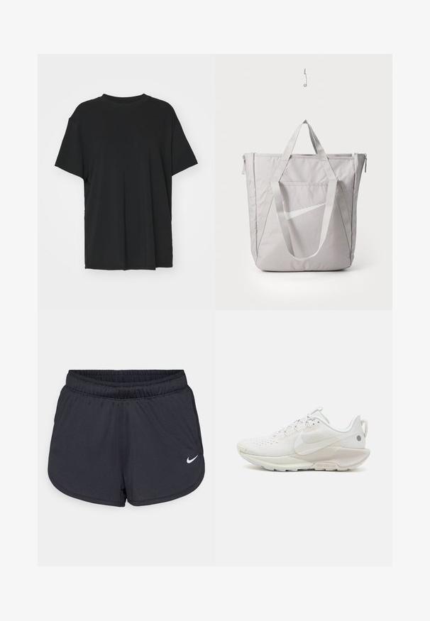 Czarna krótko rękawowa koszulka wykonana z gładkiego materiału, z okrągłym dekoltem i luźnym krojem. Posiada boczne rozcięcia, które zapewniają dodatkowy komfort i przewiewność.; Czarne szorty sportowe wykonane z lekkiego, oddychającego materiału. Posiadają elastyczny pas i biały logo Nike na dolnym prawym boku.; Nike Performance REACTX PEGASUS 5 biały; Szara torba na ramię z wzmocnionymi uchwytami, przednią kieszenią na zamek oraz białym logo Nike swoosh. Wykonana z wytrzymałego materiału o gładkiej fakturze.