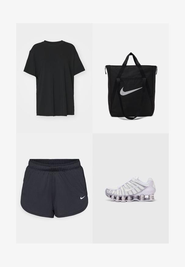 Musta lyhythihainen t-paita, joka on valmistettu sileästä kankaasta. Paidan muotoilu on pyöreä kaula-aukko ja väljä istuvuus. Lisämukavuutta ja hengittävyyttä lisäävät sivuhalkiot.; Mustat urheilushortsit, jotka on valmistettu kevyestä ja hengittävästä kankaasta. Sisältää joustavan vyötärönauhan ja valkoisen Nike-logon oikeassa alareunassa.; Valkoiset ja violetit urheilukengät, joissa on verkkomateriaali, erottuva aaltoilu ja suurikokoiset pyöreät pehmustepodit pohjassa.; Musta nailoninen kassi, jossa on kaksi tukevua kahvaa ja vetoketjukiinnitys. Erityinen valkoinen Nike-swoosh-logo on esillä vaakasuunnassa raidallisessa muotoilussa.
