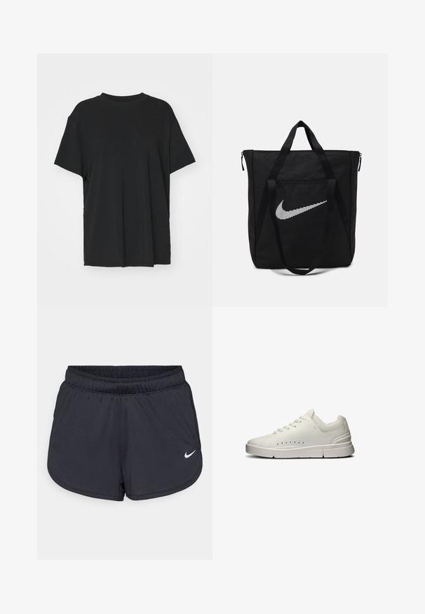 T-shirt noir à manches courtes en tissu lisse, avec un col ras du cou et une coupe décontractée. Présente des fentes sur les côtés pour plus de confort et de respirabilité.; Shorts de sport noirs en tissu léger et respirant. Dotés d'une taille élastique et d'un logo Nike blanc sur le bas à droite.; Baskets de sport blanches avec un dessus en cuir lisse, des accents en mesh, des lacets plats, des détails perforés sur le côté et une semelle en caoutchouc texturé.; Sac en nylon noir avec deux poignées robustes et fermeture éclair. Présente un logo Swoosh blanc Nike en design rayé horizontal.
