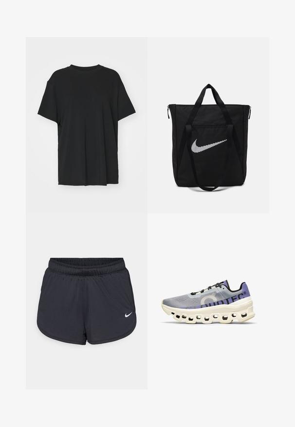 Svart kortärmad t-shirt i slätt tyg, med rund hals och lös passform. Har sidslitsar för ökad komfort och andningsförmåga.; Svarta träningsshorts med elastisk midjeresår, med sportig design och en vit Nike-logotyp på nedre framsidan. Texturerat tyg.; On CLOUDMONSTER - Väglöparskor - mist blueberry; Svart nylon tote-väska med två kraftiga handtag och dragkedjestängning. Har en framträdande vit Nike-swoosh-logotyp i ett horisontellt randigt mönster.