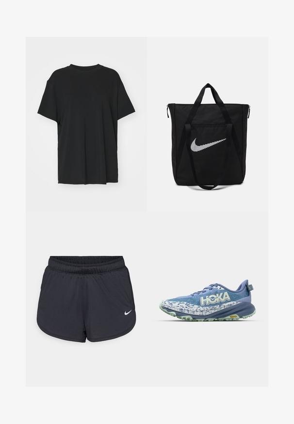 Juodas trumpas rankovėmis marškinėliai, pagaminti iš lygaus audinio, su apvaliu iškirpimu ir laisvu siluetu. Įrengti šoninių skeltukų patogumui ir oro pralaidumui.; Juodi sportiniai šortai su elastine liemene, turintys sportišką dizainą ir baltą Nike logotipą apatinėje priekinėje dalyje. Tekstūruota medžiaga.; Lengvas bėgimo batas mėlynos atspalvių, su tekstūruota tinklelio viršutine dalimi, ryškiu HOKA logotipu ir tvirtu Vibram padu, užtikrinančiu sukibimą.; Juodas nailoninis maišas su dviem tvirtais rankenėlėmis ir užtrauktuku. Pasižymi ryškiu baltu Nike swoosh logo, esamu horizontaliai juostelėse.