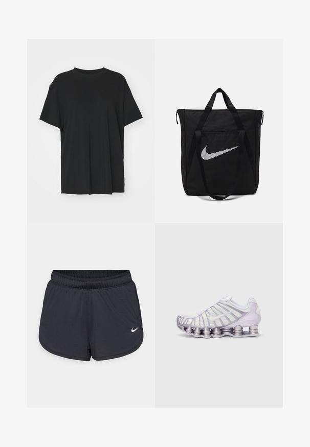 T-shirt nera a maniche corte realizzata in un tessuto morbido, con collo rotondo e vestibilità ampia. Presenta delle fessure laterali per un comfort e una traspirabilità aggiuntivi.; Pantaloncini sportivi neri con cintura elastica, caratterizzati da un design sportivo e un logo Nike bianco sulla parte anteriore inferiore. Tessuto strutturato.; Scarpa sportiva bianca e viola con tomaia in mesh, un design a onde distintivo e grandi pod di ammortizzazione arrotondati nella suola.; Borsa tote nera in nylon con due manici robusti e chiusura con zip. Presenta un grande logo Nike a forma di swoosh in un design a righe orizzontali.