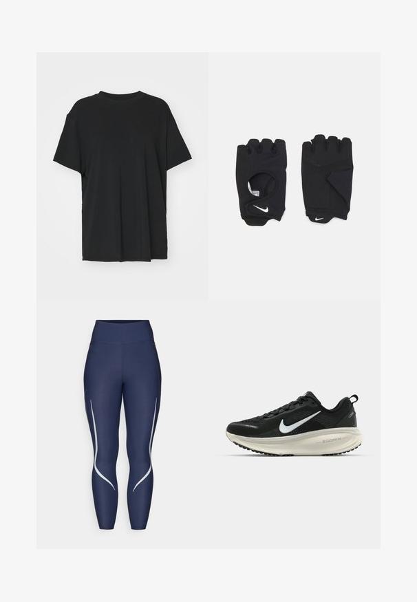 Fekete, rövid ujjú póló sima anyagból, kerek nyakkivágással és laza szabással. Oldalhasítékokkal a kényelem és a légáteresztés érdekében.; Sötétkék leggings rugalmas anyagból, magas derékkal. Fehér díszítőcsíkokkal a sz sides, sima, elegáns textúrával.; Fekete Nike futócipő légáteresztő hálós felsőrésszel, fehér Swoosh logóval, textúrázott részletekkel és krém színű ZoomX középtalppal.; Fekete, ujj nélküli kesztyűk rugalmas anyagból, nyitott tenyér dizájnnal, tapadós részletekkel és fehér Nike logóval.