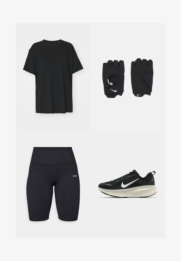 Zwarte korte mouwen t-shirt van soepel stof, met een ronde hals en een losse pasvorm. Heeft zij-splitten voor extra comfort en ademend vermogen.; Zwarte geribde fietsbroek met een hoge tailleband en het logo "ICIW" in wit op de bovenbeen. De stof lijkt zacht en rekbaar voor extra comfort.; Zwarte Nike hardloopschoen met ademend mesh bovenwerk, witte swoosh-logo, gestructureerde details en een crèmekleurige ZoomX middenzool.; Zwarte vingerloze handschoenen van rekbaar materiaal, met een open palmontwerp, gripaccenten en het Nike-logo in het wit.