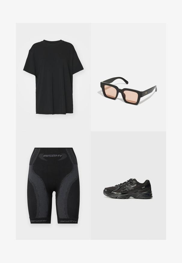 Melna īsām piedurknēm T-krekli, izgatavots no gludas auduma, ar apaļu kakla izgriezumu un brīvu piegriezumu. Satur sānu šķēlumu, lai nodrošinātu papildu komfortu un gaisa caurlaidību.; Melni sporta šorti ar pieguļošu piegriezumu, teksturētu audumu, vertikālām pelēkām svītrām un "MISBHV" logotipu apakšmalā.; Melnas sporta kurpes ar tīklu un sintētiskiem materiāliem, ar noapaļotu purngalu, auklu aizdari, tekstūru zoli un atstarojošiem akcentiem.; Melni plastmasas saulesbrilles ar taisnstūra formu un gaismas rozā tonētiem objektīviem. Uz sāniem ir logotipa akcenti.