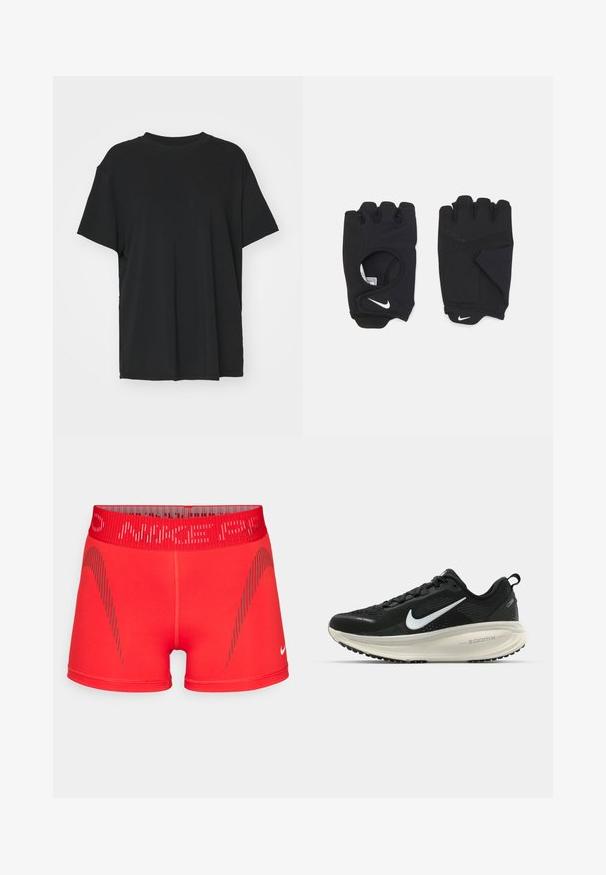 T-shirt noir à manches courtes en tissu lisse, avec un col ras du cou et une coupe décontractée. Présente des fentes sur les côtés pour plus de confort et de respirabilité.; Shorts de sport rouges au design ajusté, avec une taille élastique et des accents en biais gris. Fabriqués à partir d'un tissu extensible et lisse.; Baskets de course noir Nike avec tige respirante en mesh, logo swoosh blanc, détails texturés et semelle intermédiaire ZoomX de couleur crème.; Gants sans doigts noirs en matériau extensible, avec un design de paume ouverte, des accents de prise, et le logo Nike en blanc.