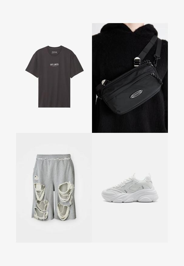 Μαύρο κοντομάνικο μπλουζάκι φτιαγμένο από βαμβάκι με στρογγυλή λαιμόκοψη. Φέρει λευκό κείμενο "OFF LIMITS" και "DANGEROUS AREA" τυπωμένο μπροστά.; Γκρι βαμβακερές βερμούδες με εμφανείς φθαρμένες τρύπες και ξέφτια. Διαθέτουν ελαστική μέση και χαλαρή εφαρμογή.; Λευκά αθλητικά παπούτσια με υφή στο επάνω μέρος, μαλακή γλώσσα και χοντρή σόλα. Τα σχεδιαστικά χαρακτηριστικά περιλαμβάνουν καμπύλες γραμμές και μικρές λεπτομέρειες στα πλάγια.; Μαύρη νάιλον τσάντα crossbody με ρυθμιζόμενο λουρί, που διαθέτει λεία υφή, μπροστινή τσέπη με φερμουάρ και λογότυπο.