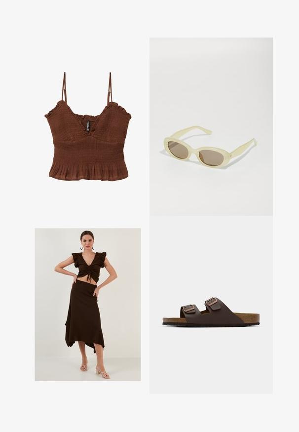 Braunes Crop-Top mit dünnen Trägern, aus strukturiertem Stoff, mit gerafften Details und einem Rüschensaum für eine figurschmeichelnde Silhouette.; Braunes geripptes Ko-Ord-Set mit einem kurz geschnittenen Oberteil mit Rüschenschultern und einem hoch taillierten asymmetrischen Rock. Glatte Textur, enganliegendes Design.; Braune, flache Riemchensandale mit zwei verstellbaren Riemen. Hergestellt aus einem glatten Material, mit einem Korkfußbett und einer strukturierten Gummisohle.; Ovale Sonnenbrillen mit einem durchscheinenden, blassgelben Rahmen und braunen Gläsern. Verfügen über eine glatte Textur und subtile Hardware-Akzente an den Seiten.; Gelbe geflochtene Strohtasche mit einem V-förmigen Ausschnitt im Griff. Oben zeigt sie ein zartes Spitzenmuster; der Boden ist glatt und strukturiert.