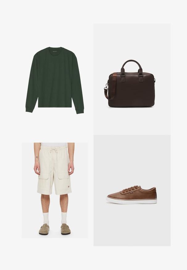 Zelené tričko s dlhými rukávmi vyrobené z bavlny, s okrúhlym výstrihom, rovný strih a rebrované manžety. Žiadne viditeľné vzory ani akcenty.; Bežové cargo šortky vyrobené z bavlneného zmesi, s elastickým pásom a šnúrkou, dvoma prednými vreckami a malým logom.; Hnedé kožené tenisky s bielou podrážkou, zaoblenou špičkou a šnurovacím dizajnom. Doplnkové detaily tvoria malá červená, biela a modrá vlajka.; Hnedá kožená taška na laptop s textúrovaným povrchom, dvojitými hornými uchami, nastaviteľným popruhom a dvoma prednými prackami pre pridaný detail.