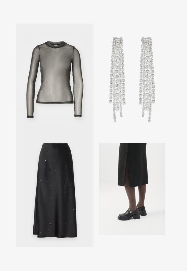 Noisy May NMSHIMMY - Majica z dolgimi rokavi - black/silver-coloured; YAS YASPELLA RHINESTONE MIDI SKIRT - Krilo A-kroja - black; Črne usnjene čevlje s zaobljenim prstom, debelim blokastim petama in elastičnimi stranskimi detajli, v kombinaciji s temno nogavicami in črno krilo z razporkom.; Dolgi srebrni uhani, ki vsebujejo vrsto prozornih, fasetiranih kristalov v kaskadnih trakovih z različno dolžino in obliko.