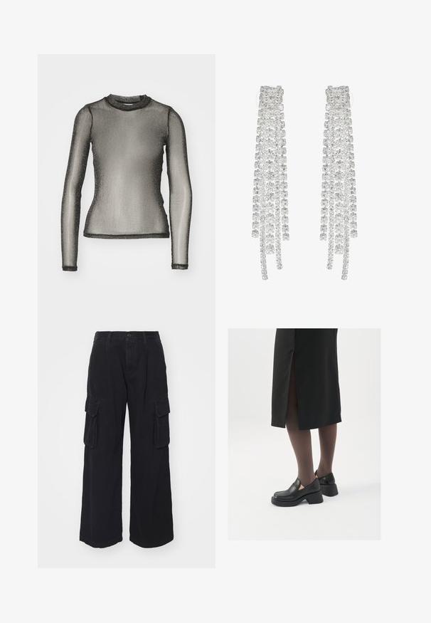 Noisy May NMSHIMMY - Top dugih rukava - black/silver-coloured; Crne cargo hlače izrađene od izdržljive tkanine, s širokim nogavicama, višestrukim bočnim džepovima i klasičnim zatvaranjem na dugme u struku.; Crne kožne cipele s zaobljenim vrhom, debelim blok petama i elastičnim bočnim detaljima, uparene s tamnim čarapama i crnom suknjom s prorezom.; Duga srebrna naušnica s nizom prozirnih, fasetiranih kristala u kaskadnim nitima različitih duljina i oblika.