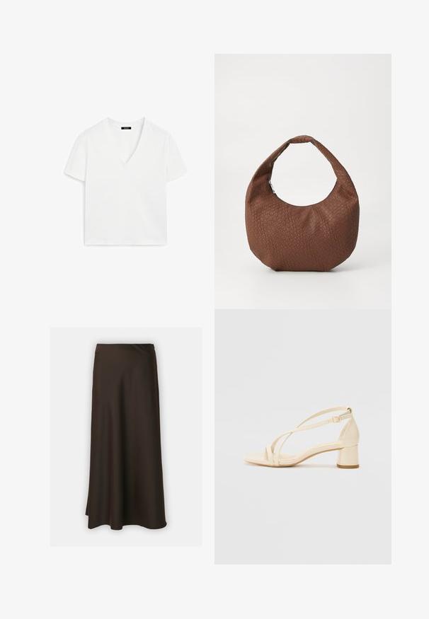 White short-sleeve V-neck t-shirt made of cotton, featuring a minimalist design and smooth texture, with a straight hem and no embellishments.; Selected Femme SLFLENA - A-line skirt - coffee bean; Beige heeled sandals with a block heel, strappy design, and adjustable ankle strap, made of smooth synthetic material with a matte finish.; Brown woven handbag with a rounded shape, featuring a single, padded handle and a textured surface. No visible hardware or accents.