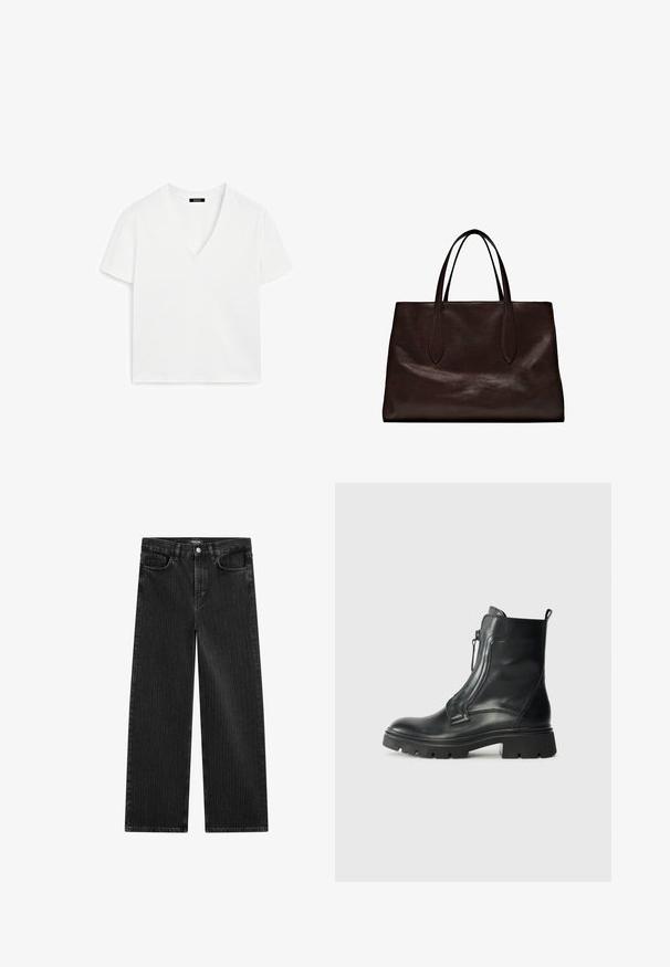 T-shirt bianca a maniche corte con scollatura a V, realizzata in cotone, caratterizzata da un design minimalista e una texture liscia, con orlo dritto e senza decorazioni.; Jeans in denim nero a gamba larga con un sottile motivo a righe verticali, dotati di cinque tasche e una chiusura a bottone classica in vita.; Stivale alla caviglia in pelle nera con suola in gomma spessa, zip laterale, texture liscia e punta leggermente arrotondata. Design minimalista senza motivi.; Massimo Dutti Borsa a mano - brown