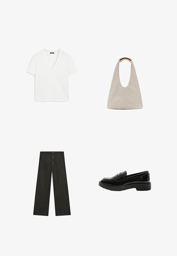 Weißes kurzärmeliges V-Ausschnitt-T-Shirt aus Baumwolle, das ein minimalistisches Design und eine glatte Textur aufweist, mit geradem Saum und ohne Verzierungen.; Schwarz-weiße, weit geschnittene Jeans mit mittelhohem Bund, zwei Vorderentaschen und einem klaren, minimalistischen Design ohne sichtbare Verzierungen.; Lipsy Slipper - black; Hellgraue Lederhandtasche mit einem U-förmigen Design und einem geschwungenen, metallischen Griff. Glatte Textur mit minimalen Nähten und ohne sichtbare Muster.