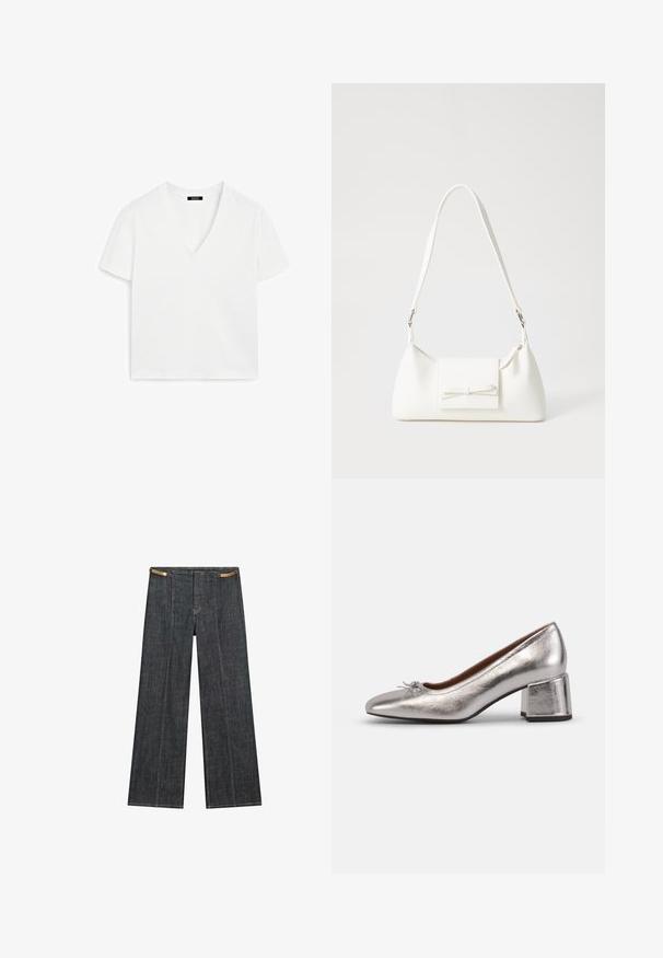 Bílý krátký rukáv V-krk tričko vyrobené z bavlny, s minimalistickým designem a hladkou strukturou, s rovnými lemy a bez ozdob.; Tmavě modré denimové široké kalhoty s vysokým pasem. Vyznačují se viditelným šitím, zapínáním na knoflík a jedinečným řetízkovým akcentem v pase.; Metalické stříbrné kožené lodičky s špičatou špičkou a masivním podpatkem. Obsahují mašlový detail na svršku, texturovaný povrch a hladký finiš.; Bílá syntetická kabelka v trojúhelníkovém tvaru, s plochým předním klopným víkem a detailem mašle, nastavitelným popruhem, hladkým povrchem a minimalistickým designem.