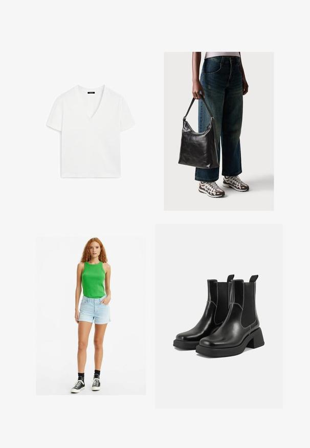 Vit kortärmad T-shirt med V-ringning i bomull, med en minimalistisk design och slät textur, rak nederkant och utan utsmyckningar.; Grön åtsittande linne, ljusblå denimshorts och svarta högskor med vita snören. Enkel, avslappnad design med minimala detaljer.; Svarta läder Chelsea-boots med en kraftig klack, elastiska sidpaneler och kontrasterande vit sömnad. Texturerad yta.; Svart läderaxelväska med en slät yta och justerbar rem, i kombination med urtvättade vida jeans och sportiga sneakers.
