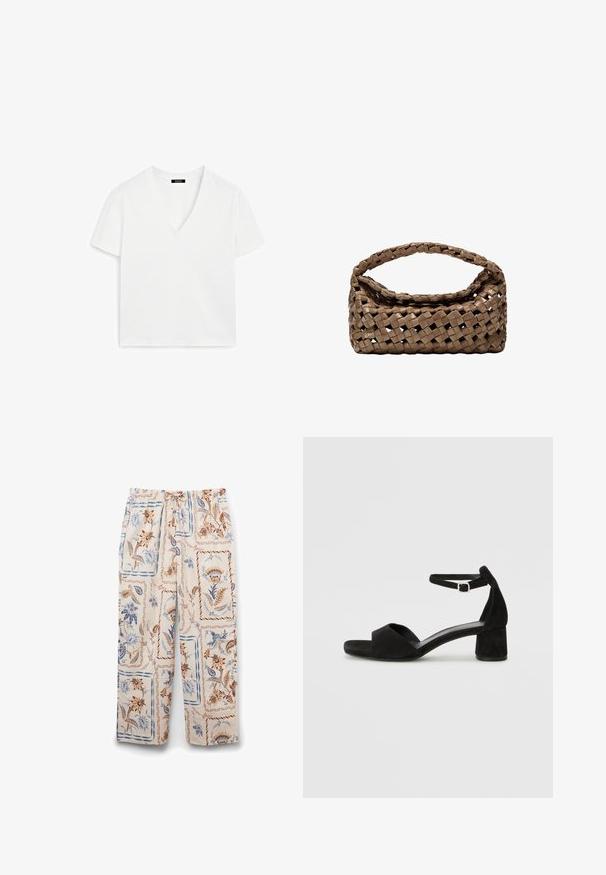 Biała, krótki rękaw, koszulka typu V-neck wykonana z bawełny, charakteryzująca się minimalistycznym wzornictwem i gładką fakturą, z prostym dołem i bez ozdób.; Lekkie, kremowe spodnie do piżamy z kwiatowym wzorem w brązie i niebieskim, z elastycznym pasem i luźnym krojem.; Czarne zamszowe sandały na obcasie z cienkim paskiem wokół kostki, otwartym noskiem i skromnym słupkowym obcasem. Gładka faktura i minimalne akcenty.; Wpleciony brązowy torebka o prostokątnym kształcie, z wyraźnym uchwytem i teksturowaną powierzchnią. Posiada zamknięty górny zamek oraz skomplikowany wzór plecionki.