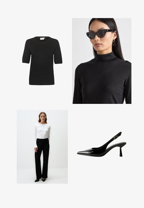 Top en maille noir à manches courtes avec un col rond. Présente une texture lisse et un design simple. Étiquette visible au niveau du cou.; Haut à manches longues ribé blanc associé à un pantalon large noir taille haute et des escarpins noirs à bouts pointus, design minimaliste, sans motifs.; Racine à talon en cuir verni noir avec un nez pointu, des côtés découpés, une bride de cheville ajustable et un talon fin et élégant.; Lunettes de soleil noires en forme d'œil de chat avec des verres sombres, monture noire texturée et accents de paillettes subtils. Le modèle porte un col roulé noir.; Montre numérique dorée avec un cadran rectangulaire, écran LCD, bracelet en acier inoxydable et boutons sur le côté. Présente un label résistant à l'eau.