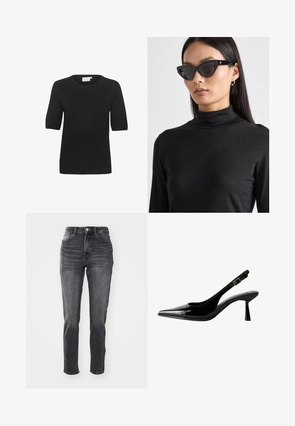 Fekete, rövid ujjú kötött felső kerek nyakkivágással. Simaságot sugalló textúrával és egyszerű dizájnnal rendelkezik. Címke látható a nyaknál.; Magas derekú sötétszürke farmernadrág, ami denim anyagból készült, slim fit szabású, egyenes szárú, öt zsebbel, valamint látható gombbal és cipzárral ellátva.; Fekete lakk bőr slingback pumpa hegyes orral, kivágott oldalakkal, állítható boka pánttal és vékony, elegáns sarkával.; Fekete macskaszem napszemüveg sötét lencsékkel, textúrált fekete kerettel és diszkrét csillogó részletekkel. A modell fekete garbót visel.