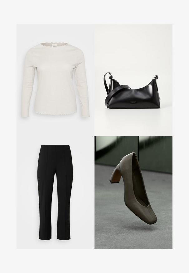 Jasnobeżowa koszula z długim rękawem wykonana z prążkowanej tkaniny. Posiada falbaniasty dekolt oraz lekko strzępione krawędzie przy mankietach i u dołu.; Vero Moda Curve - Spodnie materiałowe; Ciemnooliwkowe skórzane szpilki z kwadratowym noskiem i słupkowym obcasem, unoszące się nad szarym betonowym podłożem z rozmytym zielonym tłem.; Czarna skórzana torebka o gładkiej fakturze. Posiada regulowany pasek oraz elegancki, minimalistyczny design z zamek błyskawicznym.; Srebrne metalowe kolczyki o falistym, rzeźbiarskim wzorze z polerowanym wykończeniem i nieregularnymi kształtami, podkreślające nowoczesny estetykę.