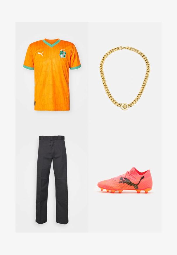 Maglia da calcio arancione con un motivo texturizzato, accenti verdi sul colletto e sulle maniche, e un logo che presenta un elefante e stelle.; Pantaloni neri realizzati in tessuto resistente, con un design a gamba dritta, una cintura con passanti per la cintura e cuciture per una maggiore texture.; Scarpina da calcio di un brillante colore rosa, con tomaia testurizzata, dettaglio del logo nero e tacchetti arancioni. Presenta un collare simile a una calza e un design con lacci piatti.; Collana in oro con grandi anelli intrecciati, caratterizzata da un dettaglio pendente circolare al centro con un emblema in rilievo.