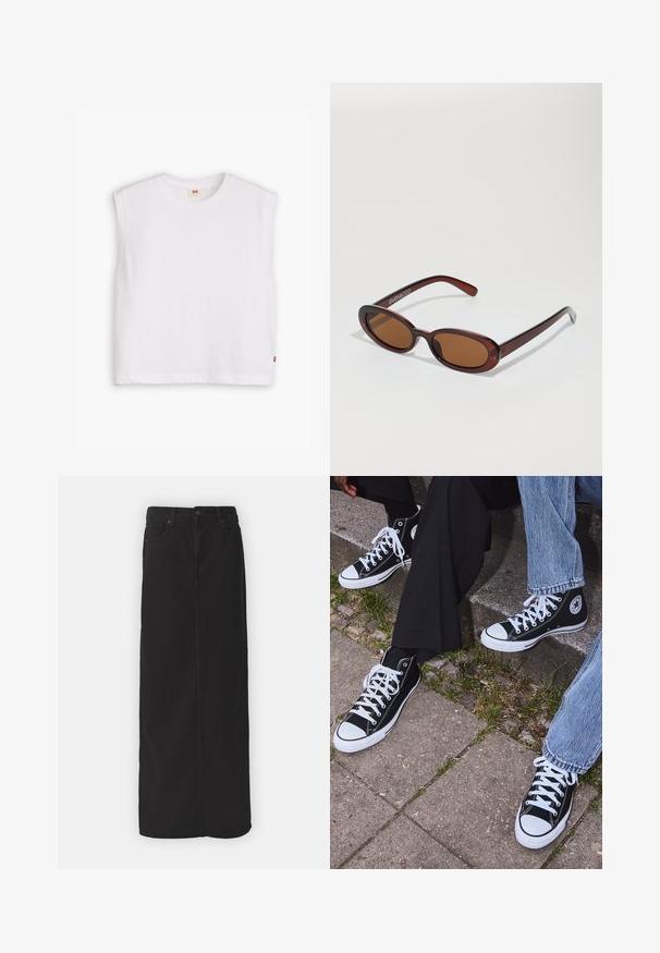 Valkoinen hihaton puuvillapaita, jossa on pyöreä pääntie, suora leikkaus ja pieni punainen logotagi alahelmassa. Pehmeä rakenne.; Musta farkku maksihame, jossa on suora leikkaus, etutaskut, vyölenkit ja yksi nappisuljenta vyötäröllä. Sileä kankaan pinta.; Mustat korkeat kangaslenkkarit, joissa on valkoiset kumipohjat ja nauhat, sivussa on pyöreä logo, ja ne on yhdistetty farkkuihin ja mustiin housuihin.; Pyöreät, ruskehtavat aurinkolasit, joissa on kiiltävä burgundinpunainen runko. Kapeat sivut, joissa on hienovarainen brändäys. Litteät linssit.