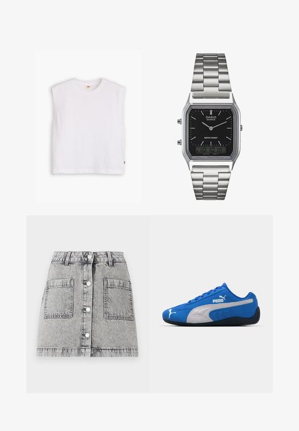 Baltas bezrūpīgs kokvilnas T-krekls ar apaļu dekoltē, taisnu griezumu un mazu sarkanu logotipa birku apakšējā malā. Mīksta tekstūra.; Gai pelēks džinsa svārku ar nolietotu tekstūru, ar pogu priekšpusē, divām lielām priekšējām kabatām un taisnu griezumu.; Zili sporta apavi ar zilo zamšā, ar baltu sānu paneli un melnu gumijas zoli. Iekļauts paaugstināts PUMA logotips sānos.; Sudraba nerūsējošā tērauda kvarca pulkstenis ar melnu taisnstūra seju, kas aprīkota ar analogajām rādītājiem, digitālo displeju un ūdensizturības norādi.