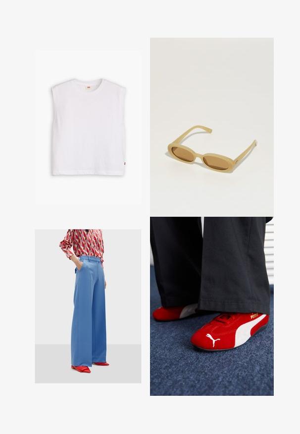 Bijela pamučna majica bez rukava s okruglim izrezom, ravnog kroja, i malom crvenom oznakom na donjem rubu. Mekana tekstura.; Svijetloplave široke hlače s džepovima i glatkom teksturom, uparene s dugom košuljom s uzorkom u crvenoj i ružičastoj boji te crvenim cipelama s oštrim vrhom.; Crvene od nubuka tenisice s bijelim detaljima, sa teksturiranim materijalom, okruglim vrhom i zlatnim logom sa strane, nosi se s crnim hlačama.; Smeđe ovalne sunčane naočale s okvirima od svijetlosmeđeg plastike. Tanke nogice i obojeni leće pružaju elegantan, minimalistički dizajn.; Srebrni kvarcni sat od nehrđajućeg čelika s crnim pravokutnim brojčanikom, koji ima analogne kazaljke, digitalni zaslon i oznaku otpornosti na vodu.