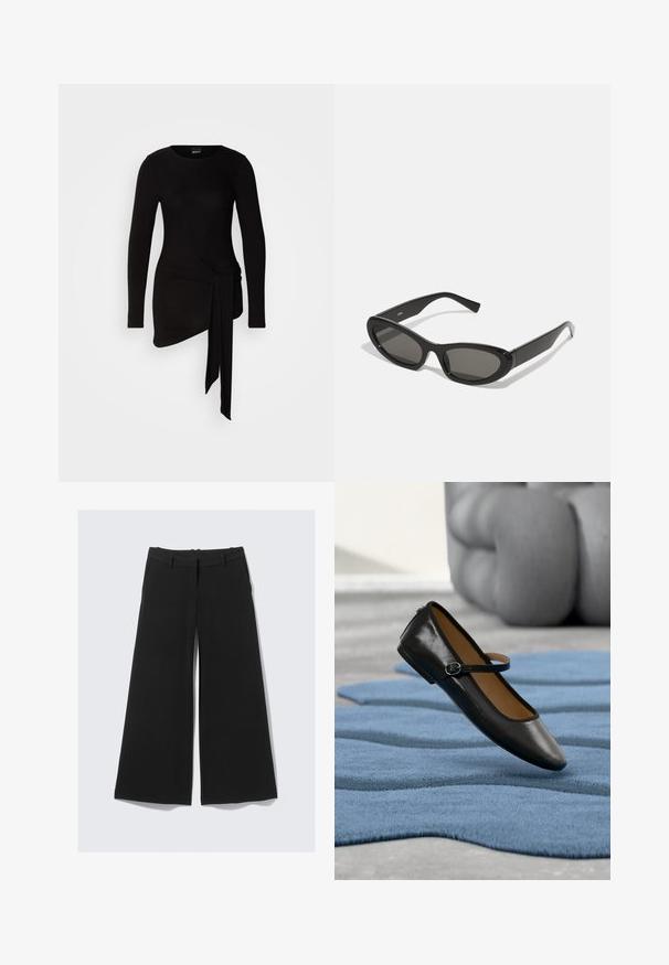 Schwarzes Langarm-Top aus einem weichen, dehnbaren Stoff; mit seitlicher Knoten-Detailierung und asymmetrischem Saum.; Schwarze weit geschnittene Hosen mit glatter Textur, ausgestattet mit flacher Vorderseite, Gürtelschlaufen und seitlichen Taschen. Das Design bietet eine lockere Passform.; Schwarzer Mary-Jane-Schuh aus Leder mit Schnallenriemen, präsentiert auf einem strukturierten blauen Teppich, mit einem unscharfen grauen, gepolsterten Sofa im Hintergrund.; Schwarze Sonnenbrille mit ovalen Gläsern, eleganten Kunststoffrahmen und gebogenen Schläfen. Die Gläser sind dunkelgrau und bieten ein modernes geometrisches Design.; Schwarze Lederhandtasche mit runder Form, ausgestattet mit zwei seitlichen Schnallen, glatter Textur und einem kurzen Schulterriemen. Akzente sind seitliche Quasten.; Silberne Halskette mit dicken, ineinander greifenden Gliedern und einem Verschluss, ausgestattet mit einer verstellbaren Verlängerungskette für individuell anpassbare Länge.