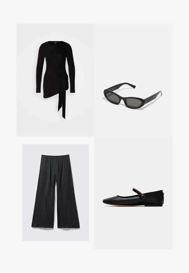Schwarzes Langarm-Top aus einem weichen, dehnbaren Stoff; mit seitlicher Knoten-Detailierung und asymmetrischem Saum.; Schwarze weite Hosen aus leichtem Stoff mit elastischem Bund und einer glatten, leicht glänzenden Oberfläche. Sie bieten eine lockere Passform.; Schwarze Lackleder-Ballerinas mit abgerundeter Zehenpartie, Knöchelriemen und minimalistischem Design. Flacher Absatz und glatte Textur.; Schwarze Sonnenbrille mit ovalen Gläsern, eleganten Kunststoffrahmen und gebogenen Schläfen. Die Gläser sind dunkelgrau und bieten ein modernes geometrisches Design.; Schwarze Lederhandtasche mit runder Form, ausgestattet mit zwei seitlichen Schnallen, glatter Textur und einem kurzen Schulterriemen. Akzente sind seitliche Quasten.; Silberne Halskette mit dicken, ineinander greifenden Gliedern und einem Verschluss, ausgestattet mit einer verstellbaren Verlängerungskette für individuell anpassbare Länge.