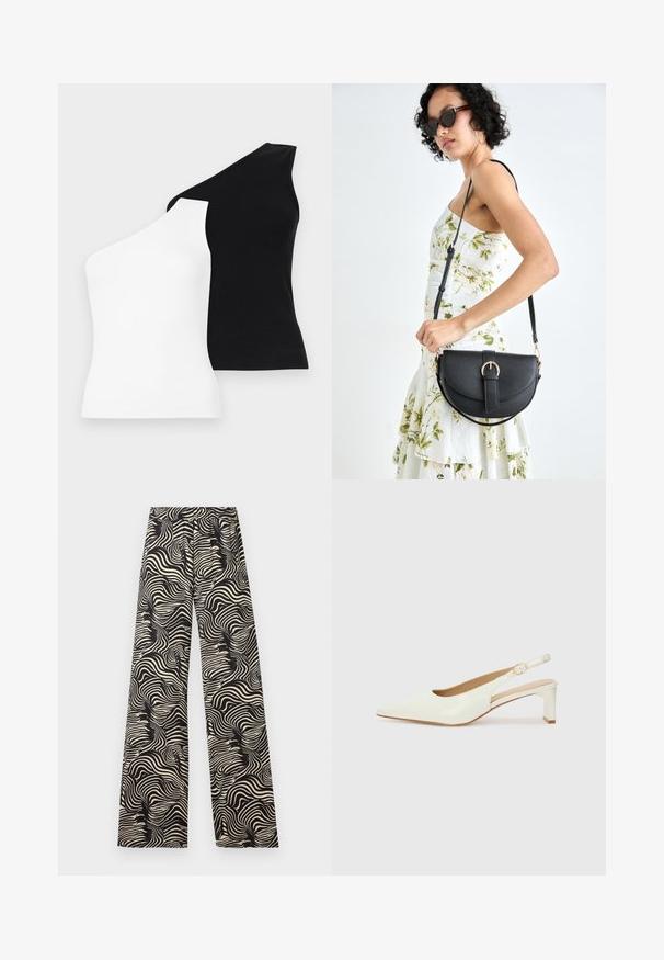 Ujevn tanktopper i hvitt og svart. Laget av ribbet stoff med design for én skulder. Glatt tekstur og tettsittende fasong.; Bukse med vid ben i et monokromt, svulmende mønster. Materialet fremstår lett og med en teksturert finish; har et høyt, elastisk liv. ; Hvit patentlær slingback-sko med spiss tå og lav blokkheel. Har en diskret stropp med detalj i gulltone.; Svart lærveske med en buet form, avtagbar stropp og gullbeslag. Vesken har et klaff med spenne-detall.