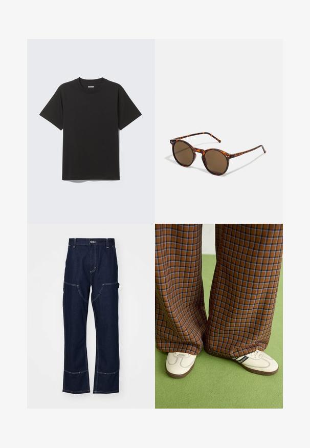 Svart T-shirt med kort ärm i mjuk bomull, med rund halsringning och enkel design utan mönster eller detaljer.; Mörkblå denimbyxor med rak bendesign, framfickor, sidofickor i cargo-stil och vita sömnadsdetaljer på sömmar och fållar.; Bruna och blå rutiga vida byxor i kombination med vita skor med svarta accenter och texturerade sulor, mot en grön bakgrund.; Runda solglasögon med sköldpaddsmönstrat båge och bruna linser. Har tunna skalmar med lätt textur och metallaccenter nära linserna.