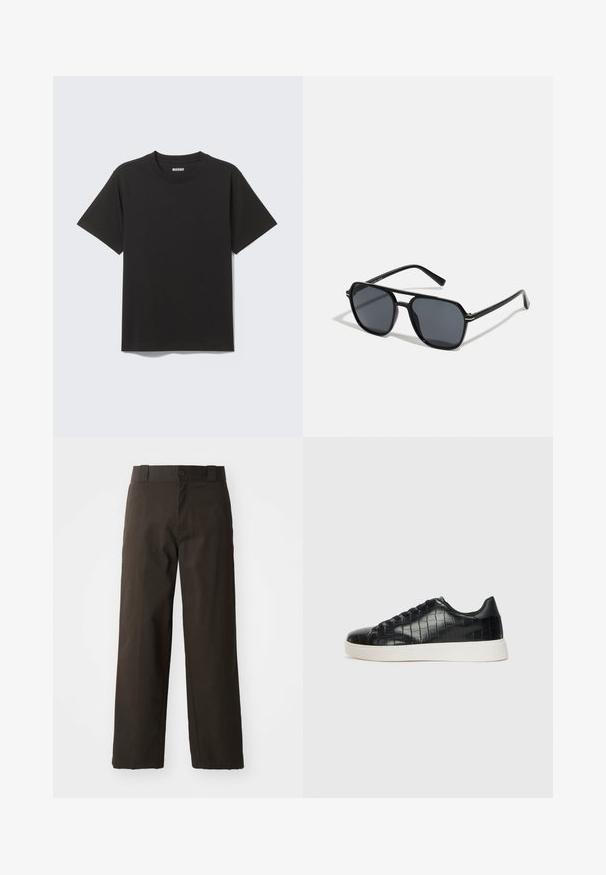 Svart T-skjorte med korte ermer laget av myk bomull, med rund hals og enkel design uten mønstre eller detaljer.; Svart bomullsbukser med rett bendesign, med knappelukking og klassisk midje. Jevn tekstur, uten mønstre eller detaljer.; Svarte joggesko med en teksturert krokodille-embossed læroverdel, rund tå og en kontrasterende hvit gummisåle med en glatt overflate.; Sorte solbriller med ottekantet ramme, mørke linser, blank finish, tynde stænger og guld accenter på fronten.