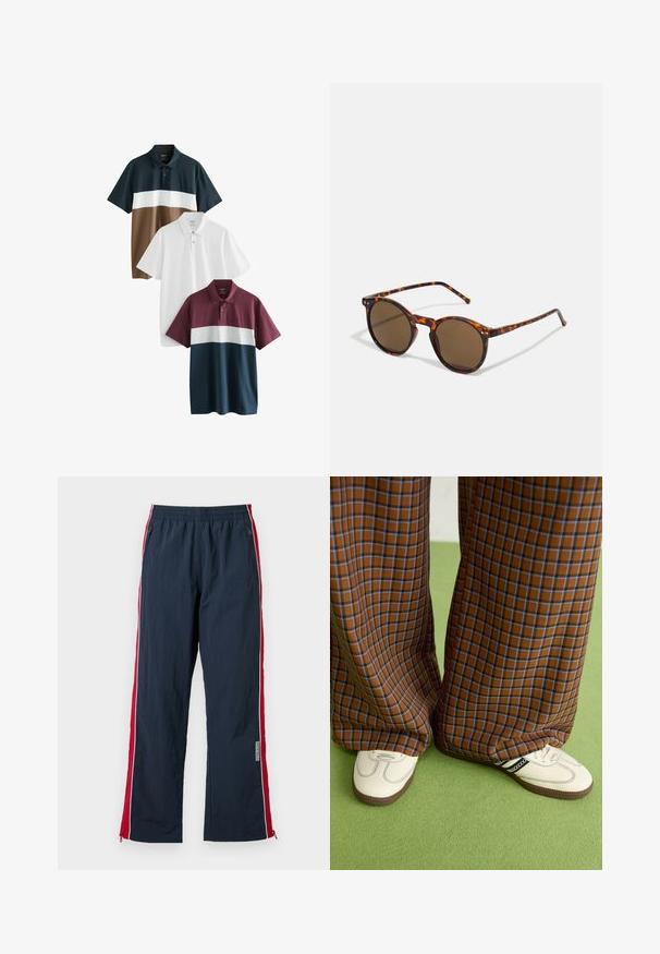 Három polo póló: az egyik sötétkék, barna és fehér csíkos; a másik sima fehér; a harmadik bordó fehér csíkkal az alján.; Tengerészek számára készült sportnadrág, elasztikus derekú, piros oldalsávokkal. Fehér díszítéssel és cipzárokkal a bokán, amelyek lehetővé teszik a méretállítást. Könnyű anyag.; Barna és kék kockás, bőrt lábú nadrág, fehér cipővel, fekete részletekkel és texturált talppal, zöld háttér előtt.; Kerek napszemüveg teknőc mintázatú kerettel, barna lencsékkel. Finom textúrájú, vékony szárakkal rendelkezik, a lencsék mellett fém díszítésekkel.