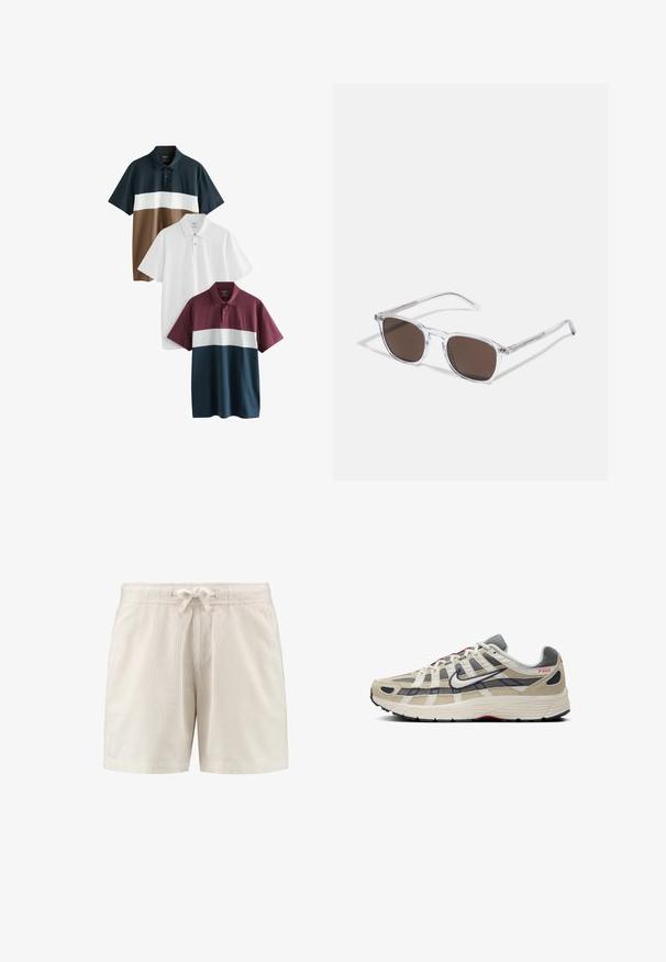 Trzy koszulki polo: jedna ciemnoniebieska w brązowe i białe paski; jedna gładka biała; oraz jedna bordowa z białym paskiem na dole.; Jasbeżowe szorty z kordury z elastycznym pasem i sznurkiem, o pionowej, ryflowanej teksturze i bocznymi kieszeniami.; Beżowe buty do biegania z szarymi detalami z siateczki i zamszu, białymi akcentami, czarną podeszwą, czerwoną marką i unikalnym wzorem krzyżowym na cholewie.; Przezroczyste plastikowe okulary przeciwsłoneczne z prostokątnymi brązowymi soczewkami, z cienkimi, przezroczystymi ramionami i metalowymi akcentami na skroniach.